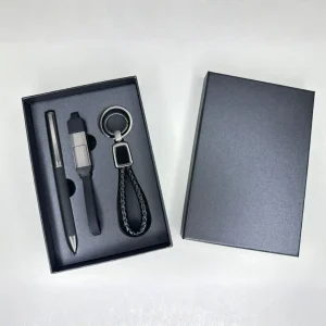 set ejecutivo titanium 3 en 1 bolígrafo, cable multiconector & llavero de cuero
